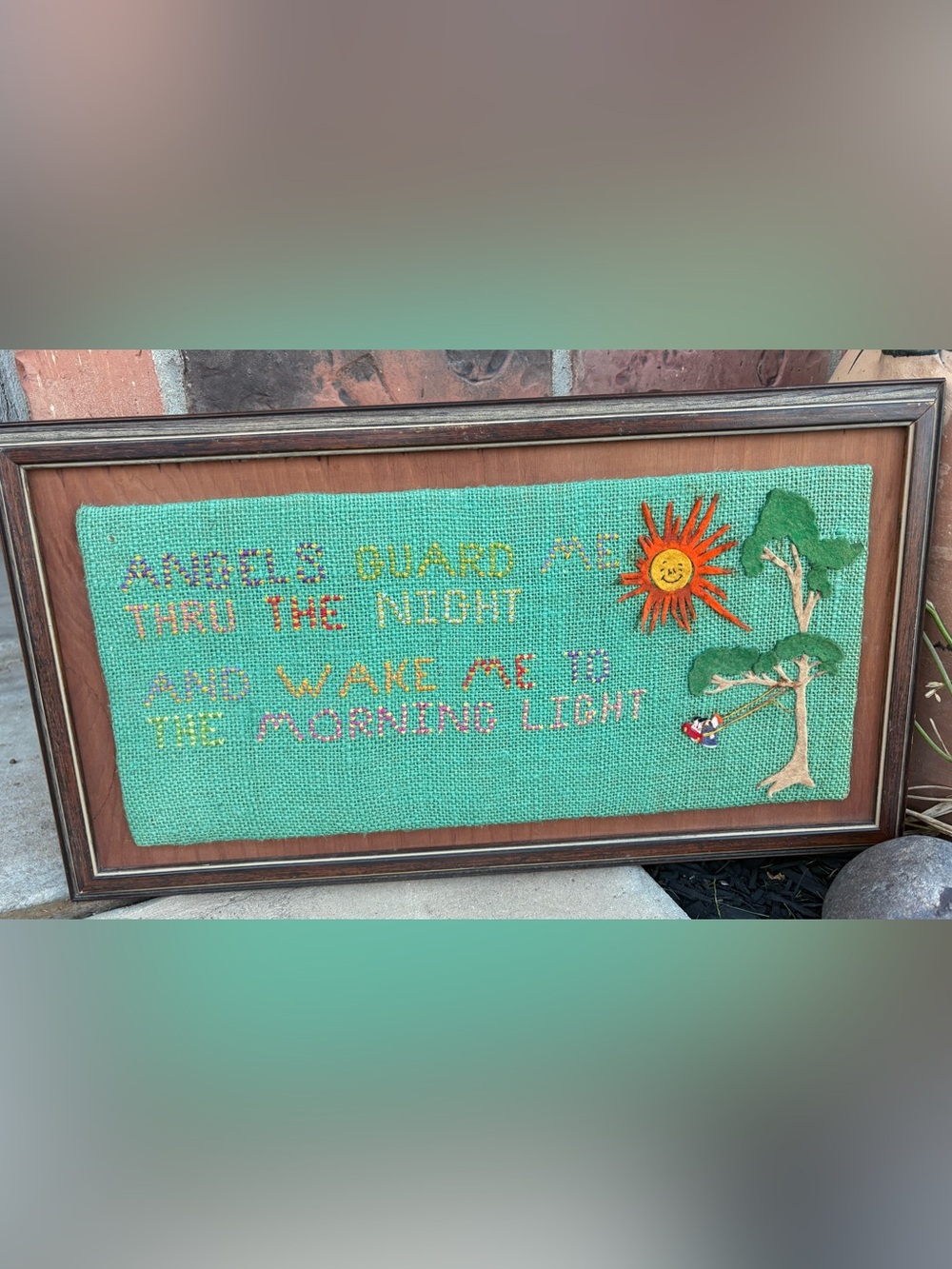 Hand-Embroidered Sun & Text Wall Hanging in Teal
